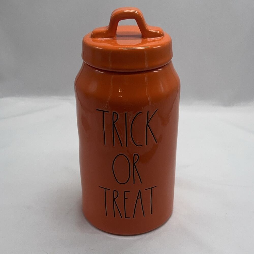 Rae Dunn Trick or Treat Canister Orange Ceramic 9" Halloween Artisan Collection